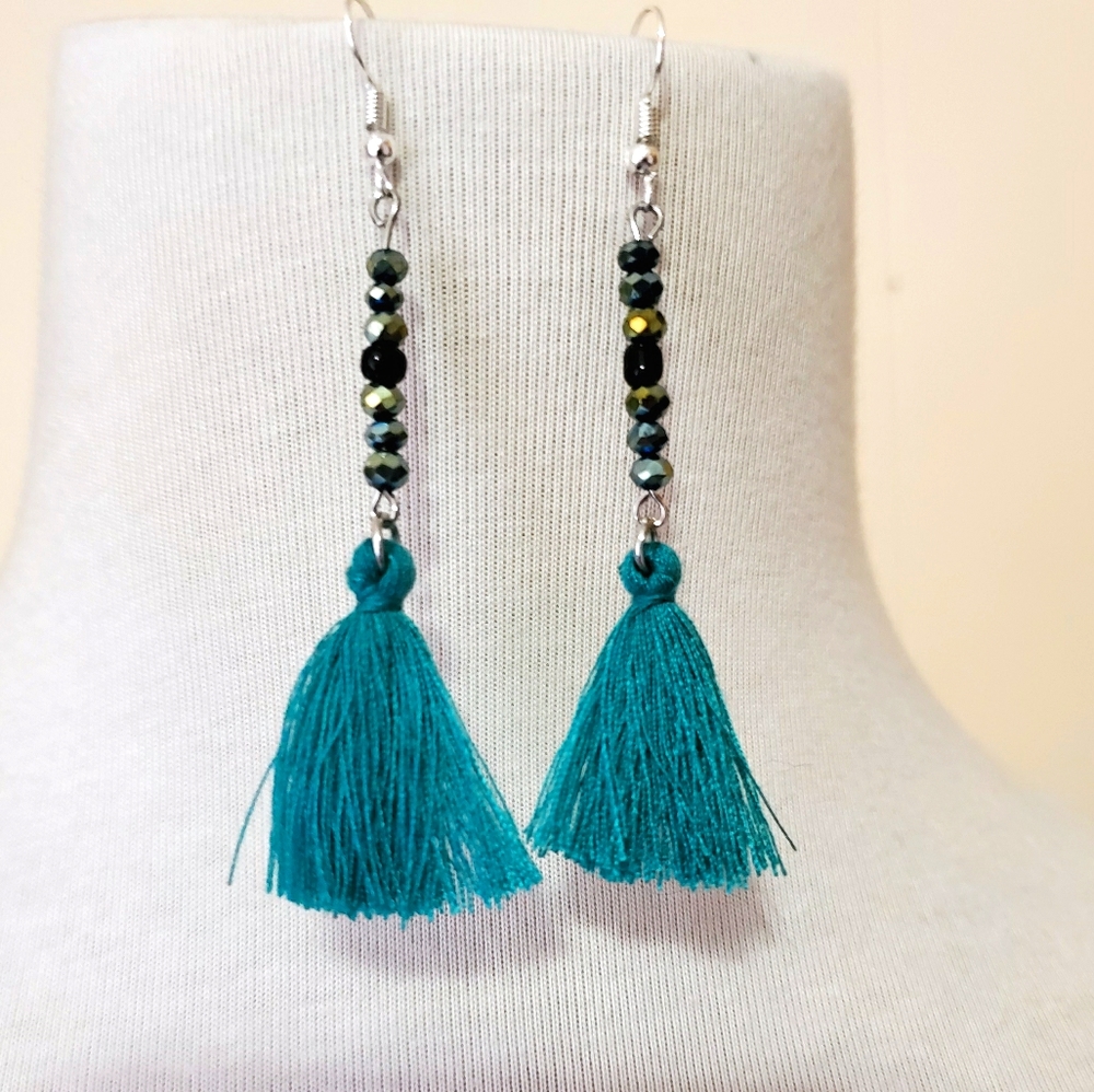 Turquoise boho beaded tassel fringe dangle earrings NWT